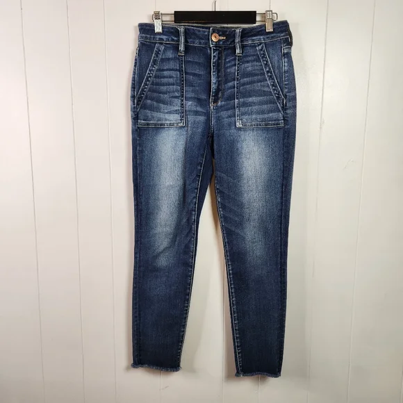 American Eagle High Rise Jeggings Crop Skinny Jeans Frayed Stretchy Dark Size 10 - Picture 4 of 14
